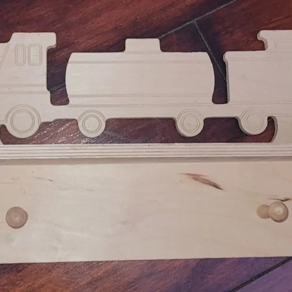 Wooden Train Themed Wall Shelf w/ Pegs Brown Cute Kid's Bedroom Playroom Decor
